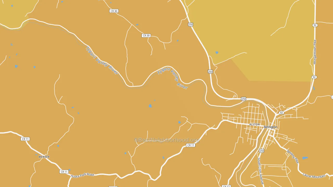 Map of the best neighborhoods in the Meadowville area, with better matches in green and worse matches in red