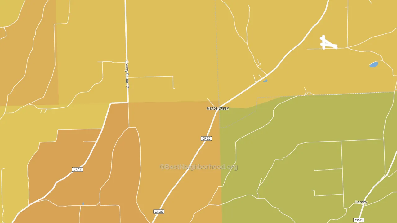 Map of the best neighborhoods in the Meads Creek area, with better matches in green and worse matches in red