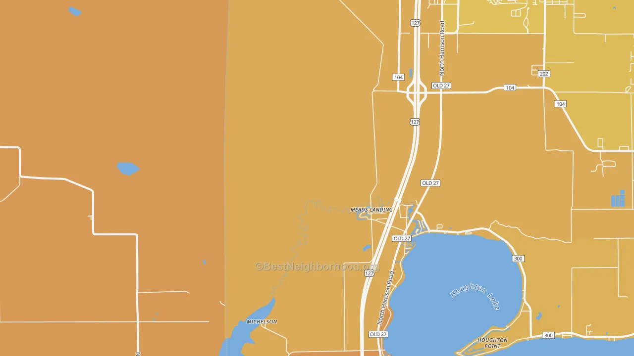 Map of the best neighborhoods in the Meads Landing area, with better matches in green and worse matches in red