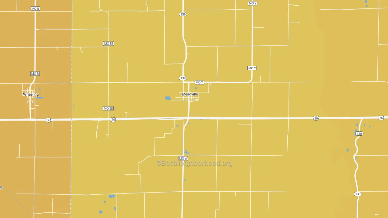 Map of the best neighborhoods in the Meadville area, with better matches in green and worse matches in red