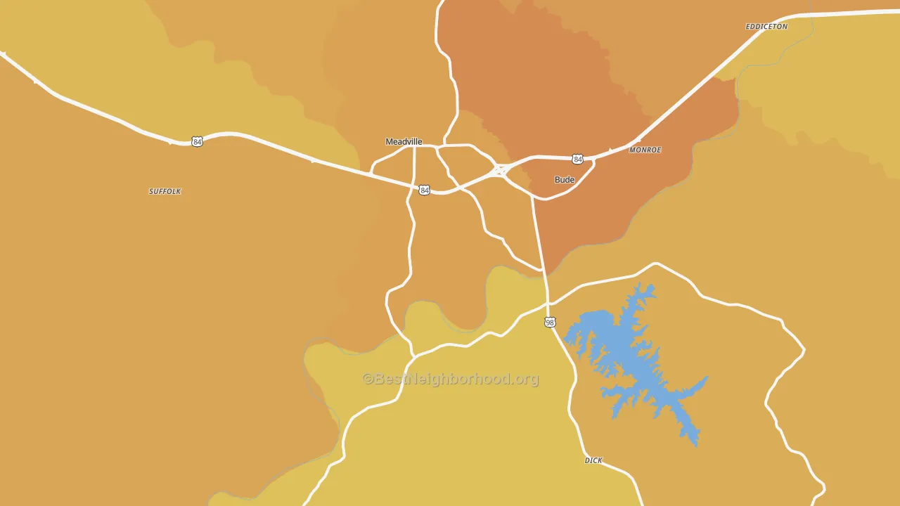 Map of the best neighborhoods in the Meadville area, with better matches in green and worse matches in red