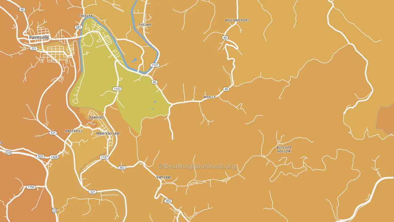 Map of the best neighborhoods in the Meally area, with better matches in green and worse matches in red