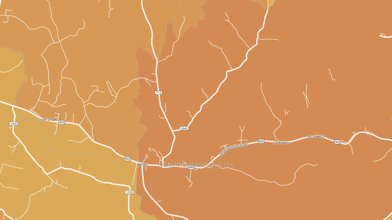 Map of the best neighborhoods in the Means area, with better matches in green and worse matches in red