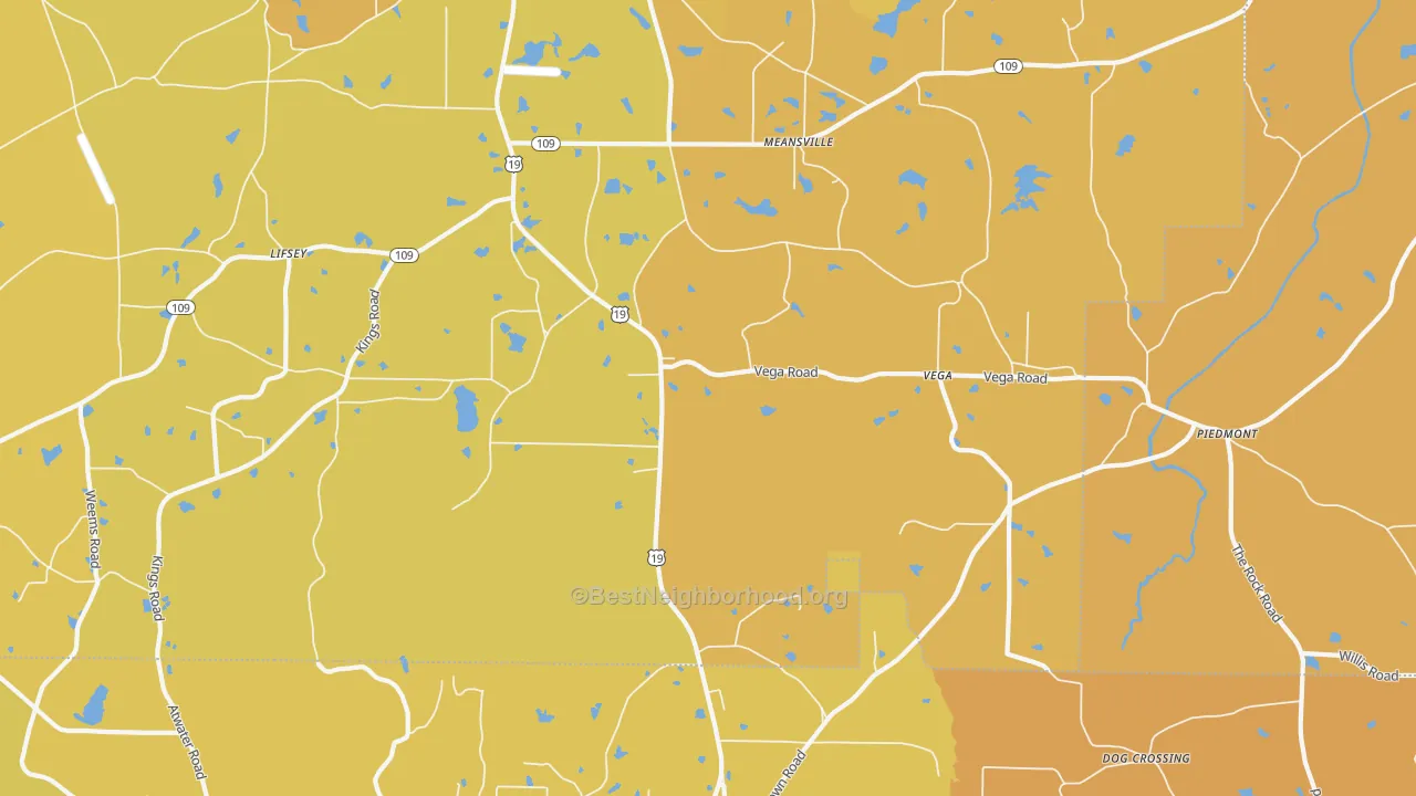 Map of the best neighborhoods in the Meansville area, with better matches in green and worse matches in red