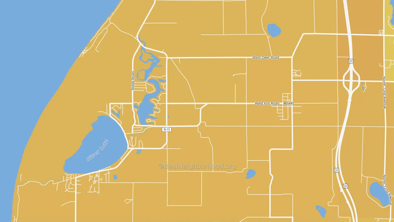 Map of the best neighborhoods in the Mears area, with better matches in green and worse matches in red