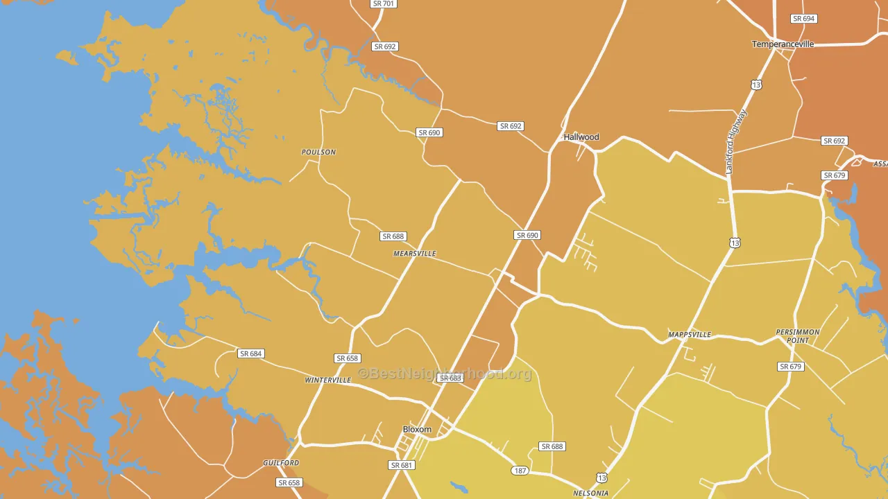 Map of the best neighborhoods in the Mears area, with better matches in green and worse matches in red