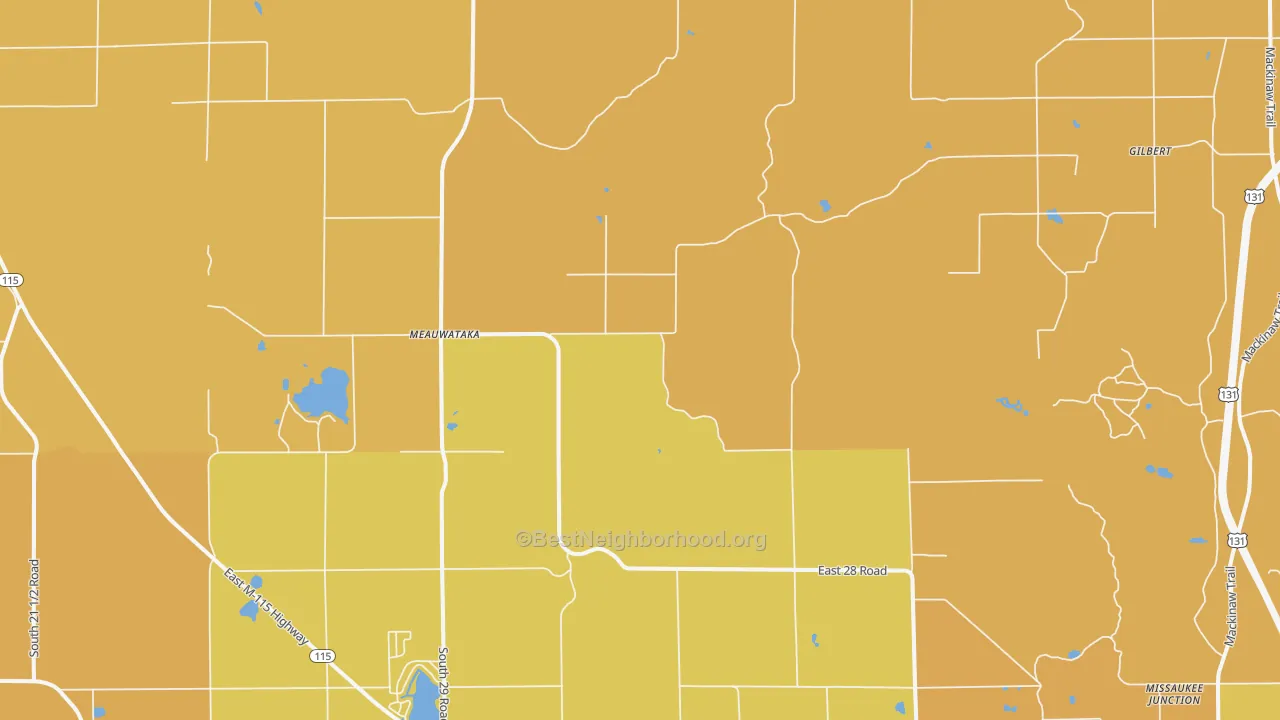 Map of the best neighborhoods in the Meauwataka area, with better matches in green and worse matches in red