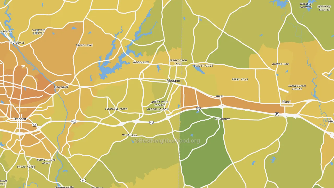 Map of the best neighborhoods in the Mebane area, with better matches in green and worse matches in red