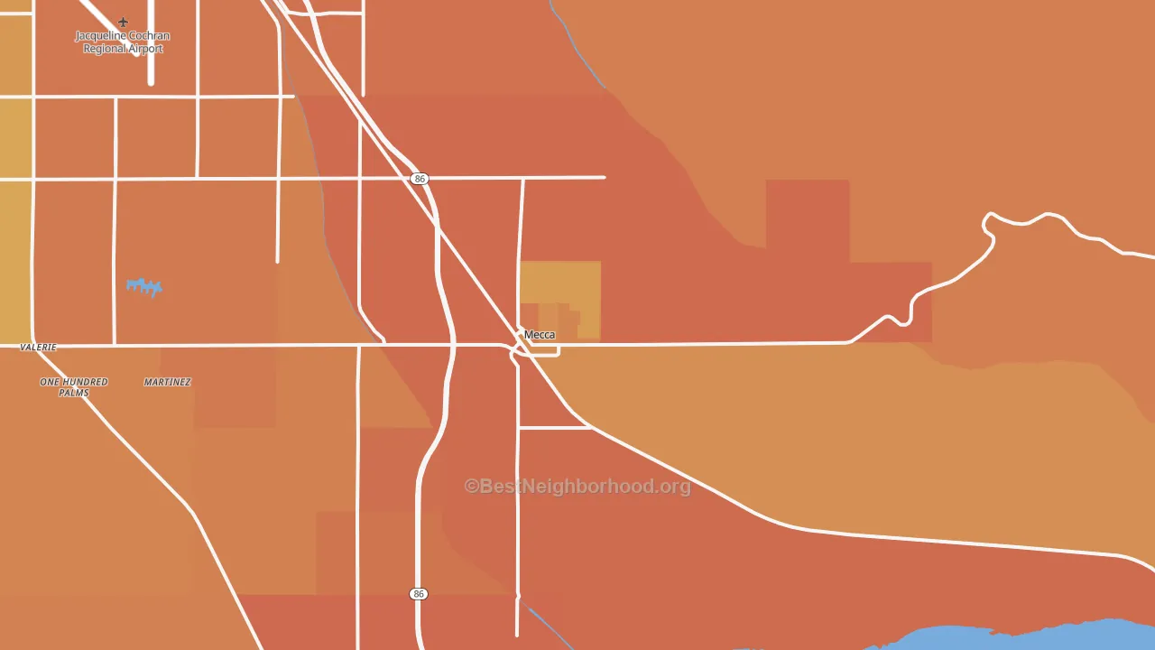 Map of the best neighborhoods in the Mecca area, with better matches in green and worse matches in red