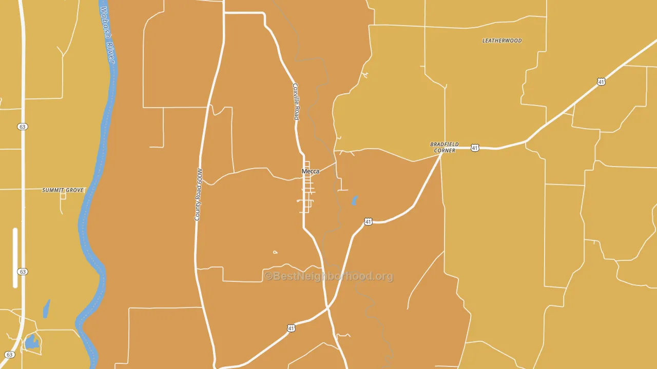Map of the best neighborhoods in the Mecca area, with better matches in green and worse matches in red