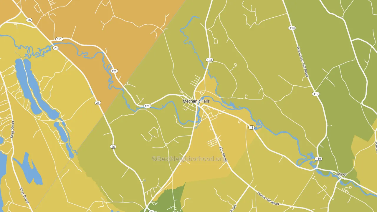Map of the best neighborhoods in the Mechanic Falls area, with better matches in green and worse matches in red