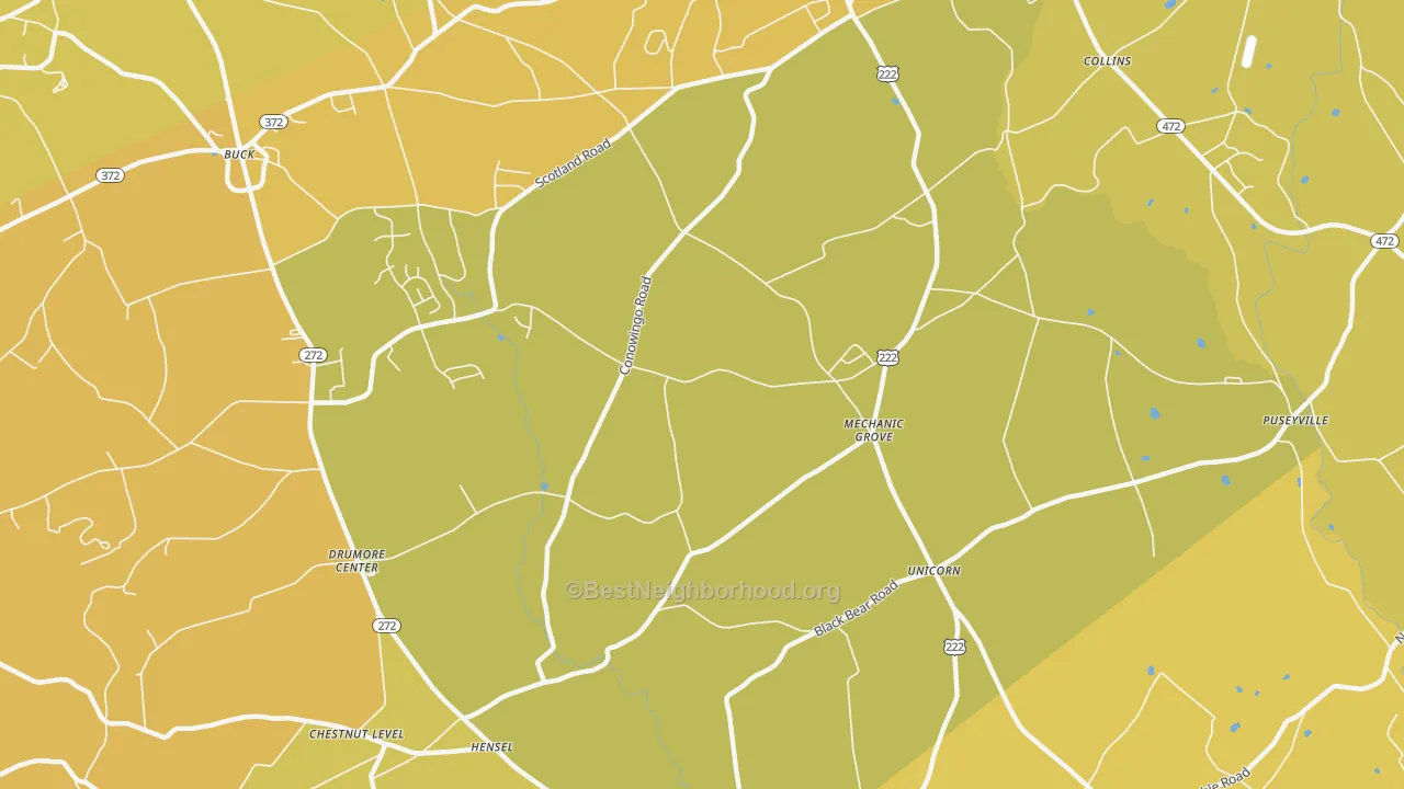 Map of the best neighborhoods in the Mechanics Grove area, with better matches in green and worse matches in red