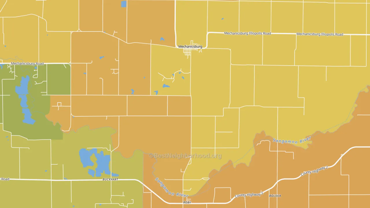 Map of the best neighborhoods in the Mechanicsburg area, with better matches in green and worse matches in red