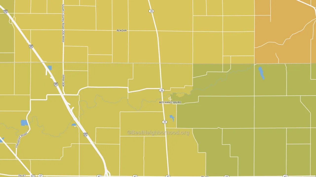 Map of the best neighborhoods in the Mechanicsburg area, with better matches in green and worse matches in red