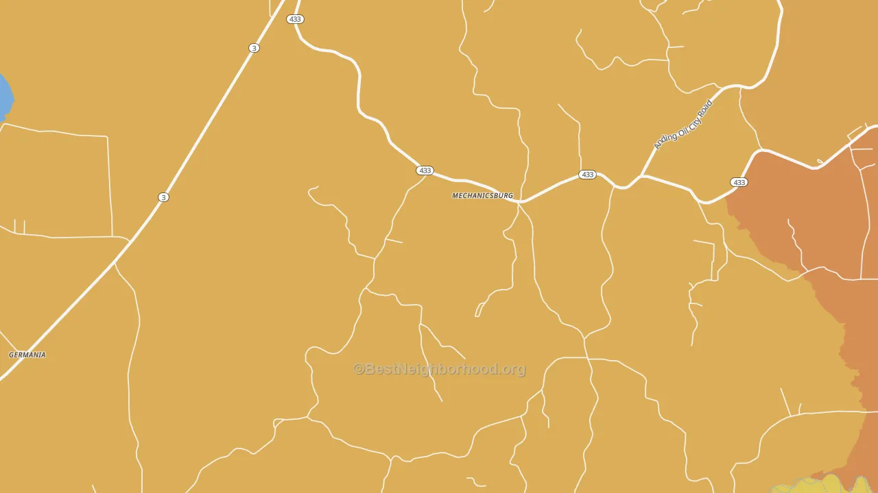 Map of the best neighborhoods in the Mechanicsburg area, with better matches in green and worse matches in red