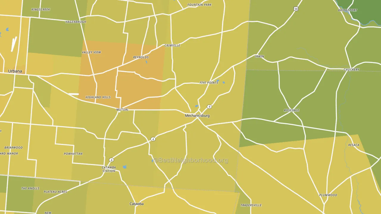 Map of the best neighborhoods in the Mechanicsburg area, with better matches in green and worse matches in red