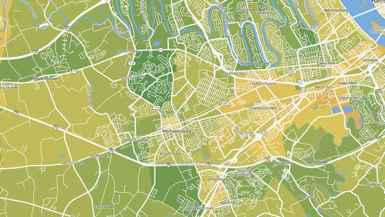 Map of the best neighborhoods in the Mechanicsburg area, with better matches in green and worse matches in red