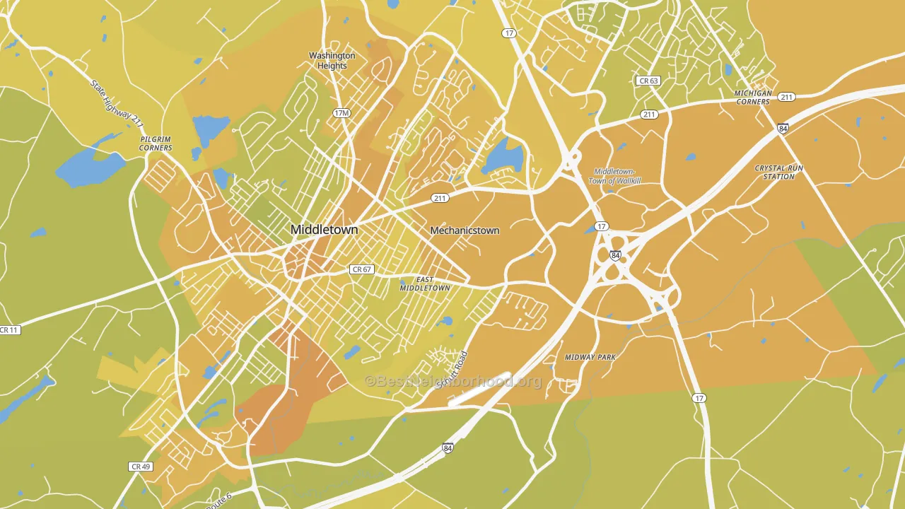 Map of the best neighborhoods in the Mechanicstown area, with better matches in green and worse matches in red