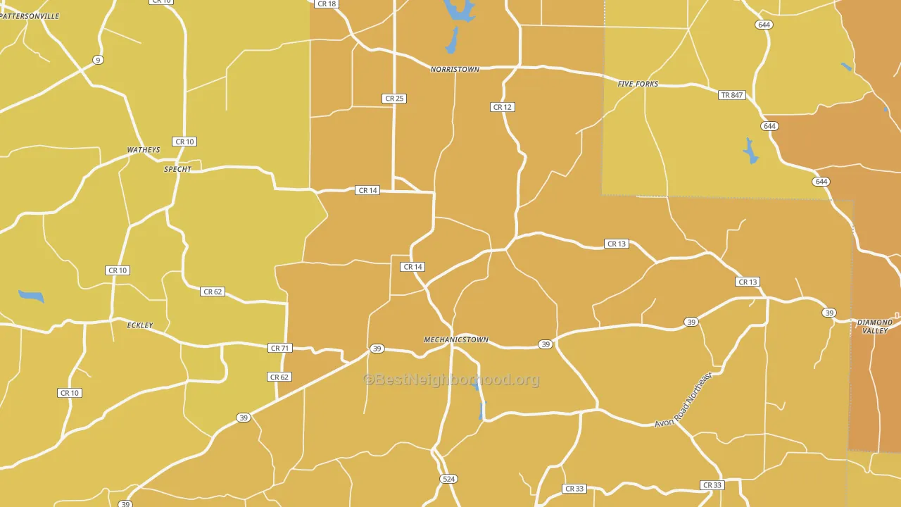 Map of the best neighborhoods in the Mechanicstown area, with better matches in green and worse matches in red