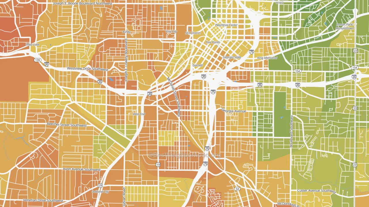Map of the best neighborhoods in the Mechanicsville, Atlanta area, with better matches in green and worse matches in red