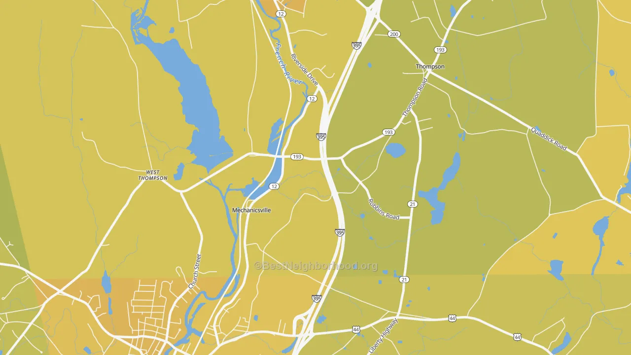 Map of the best neighborhoods in the Mechanicsville area, with better matches in green and worse matches in red