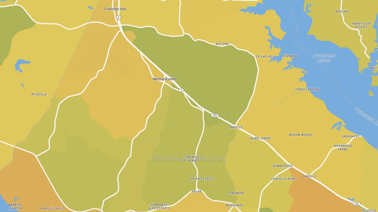 Map of the best neighborhoods in the Mechanicsville area, with better matches in green and worse matches in red