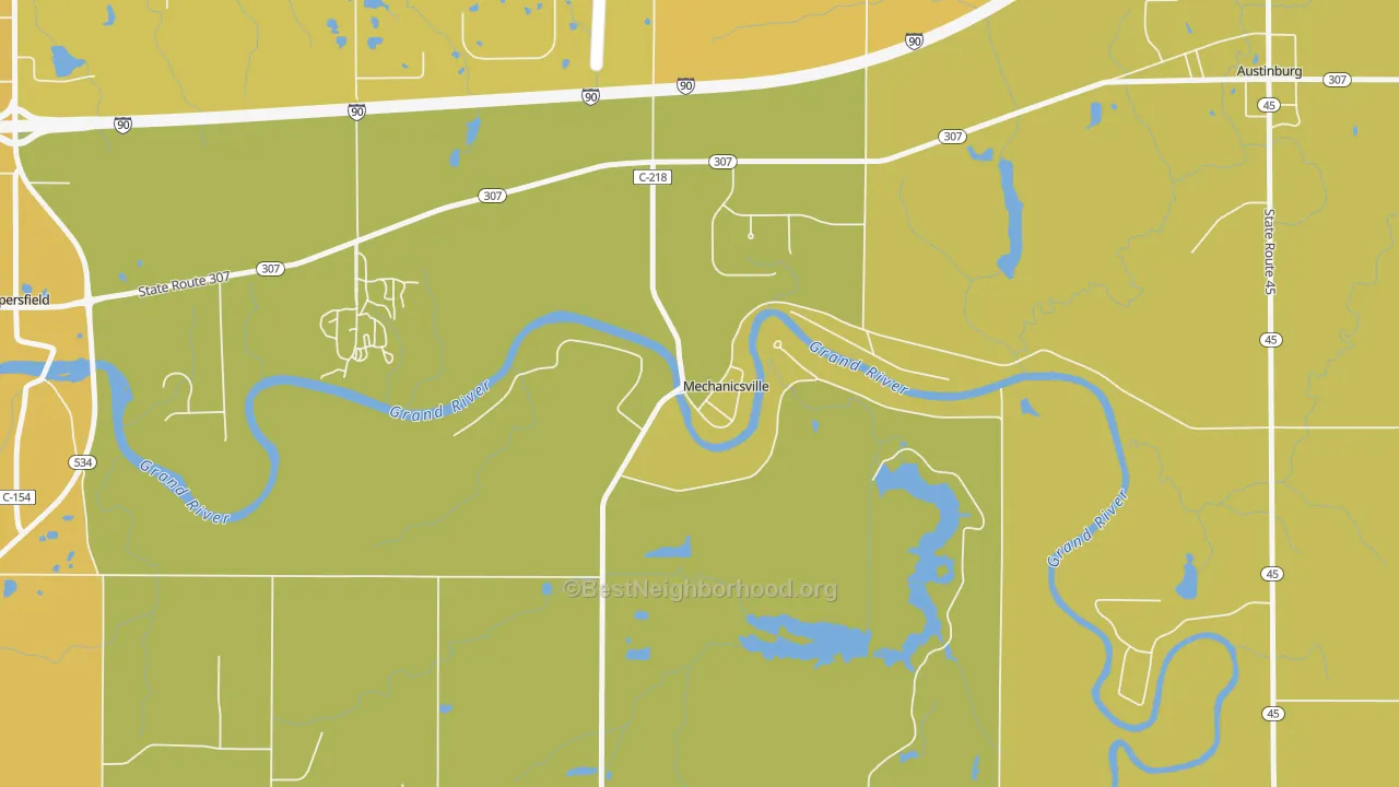 Map of the best neighborhoods in the Mechanicsville area, with better matches in green and worse matches in red