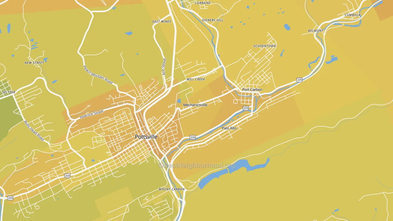 Map of the best neighborhoods in the Mechanicsville area, with better matches in green and worse matches in red