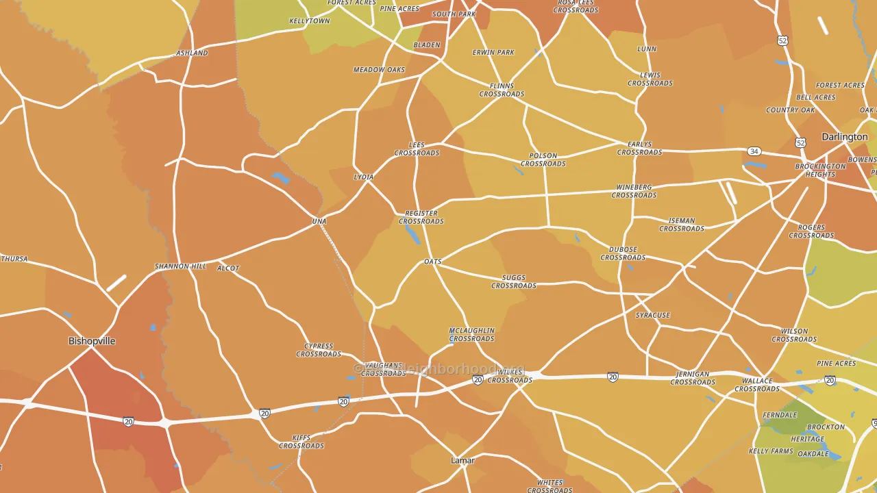 Map of the best neighborhoods in the Mechanicsville area, with better matches in green and worse matches in red