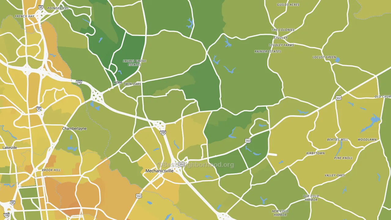 Map of the best neighborhoods in the Mechanicsville area, with better matches in green and worse matches in red