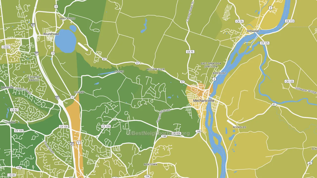 Map of the best neighborhoods in the Mechanicville area, with better matches in green and worse matches in red