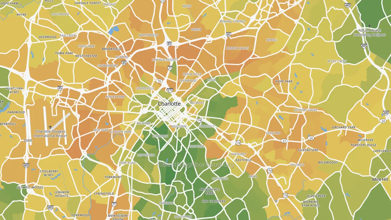 Map of the best neighborhoods in the Mecklenburg County area, with better matches in green and worse matches in red