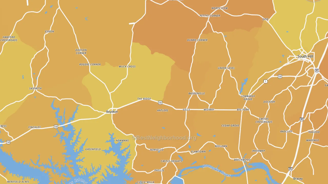 Map of the best neighborhoods in the Mecklenburg County area, with better matches in green and worse matches in red