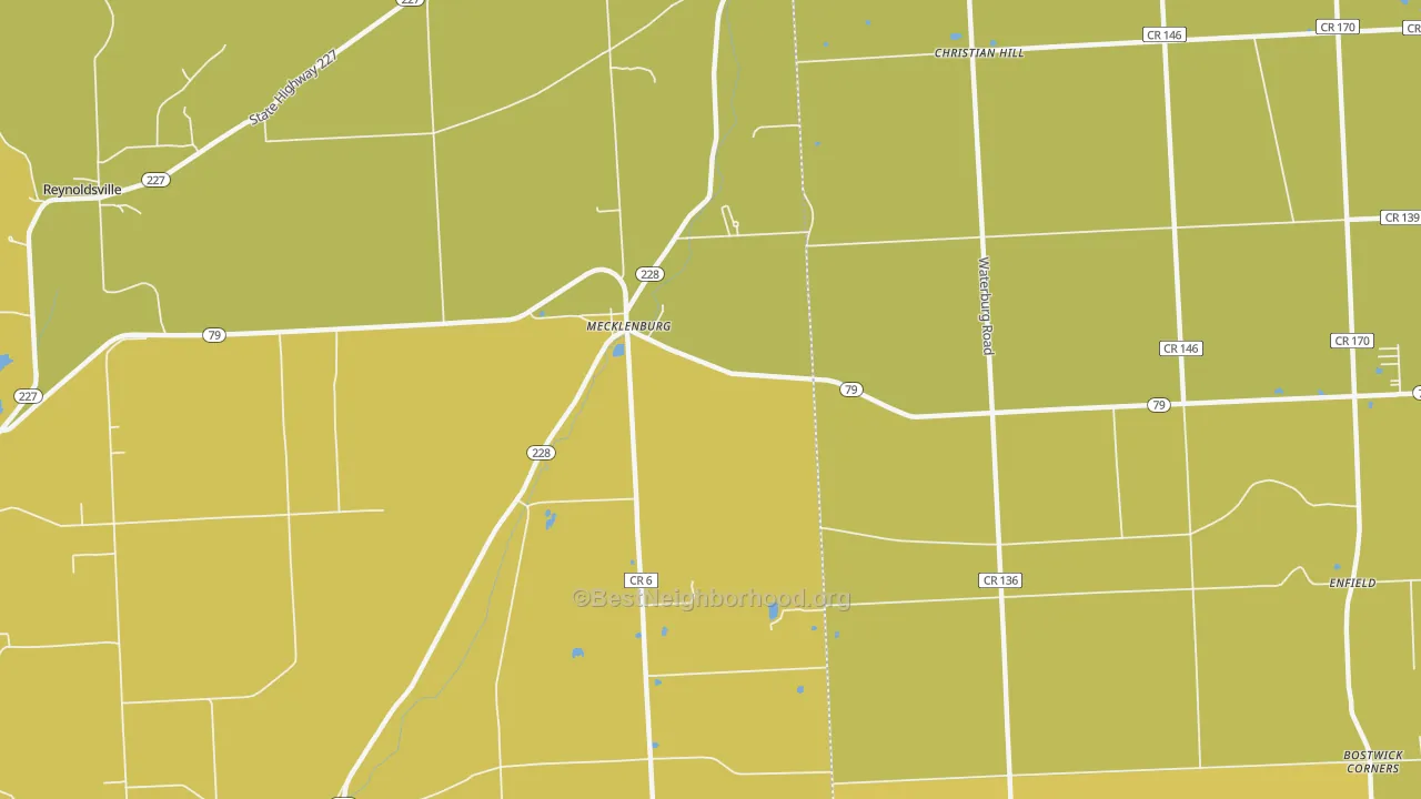 Map of the best neighborhoods in the Mecklenburg area, with better matches in green and worse matches in red