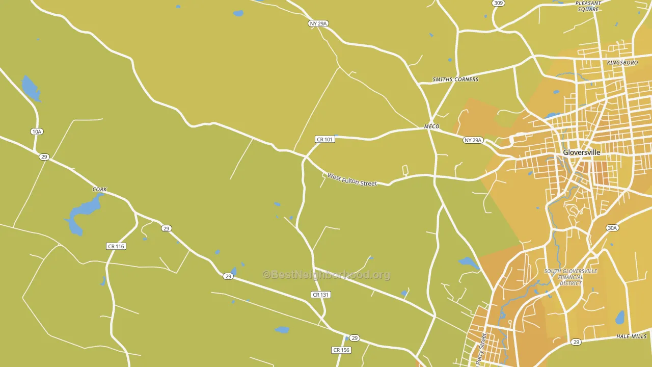 Map of the best neighborhoods in the Meco area, with better matches in green and worse matches in red