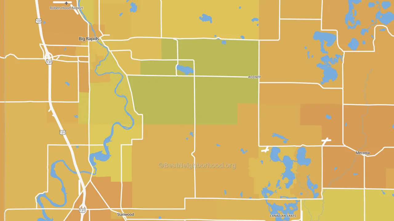 Map of the best neighborhoods in the Mecosta County area, with better matches in green and worse matches in red