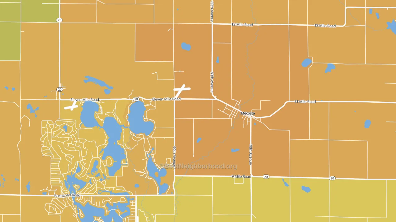 Map of the best neighborhoods in the Mecosta area, with better matches in green and worse matches in red