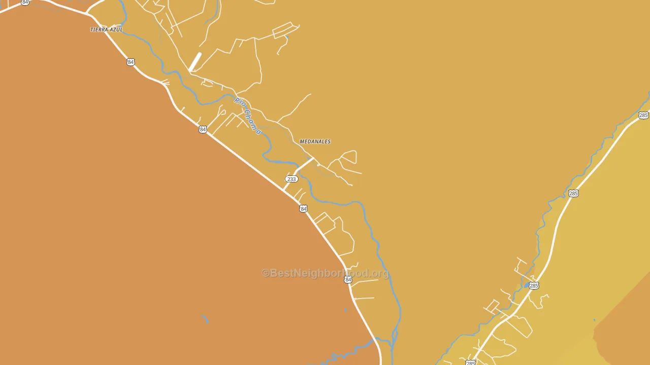 Map of the best neighborhoods in the Medanales area, with better matches in green and worse matches in red