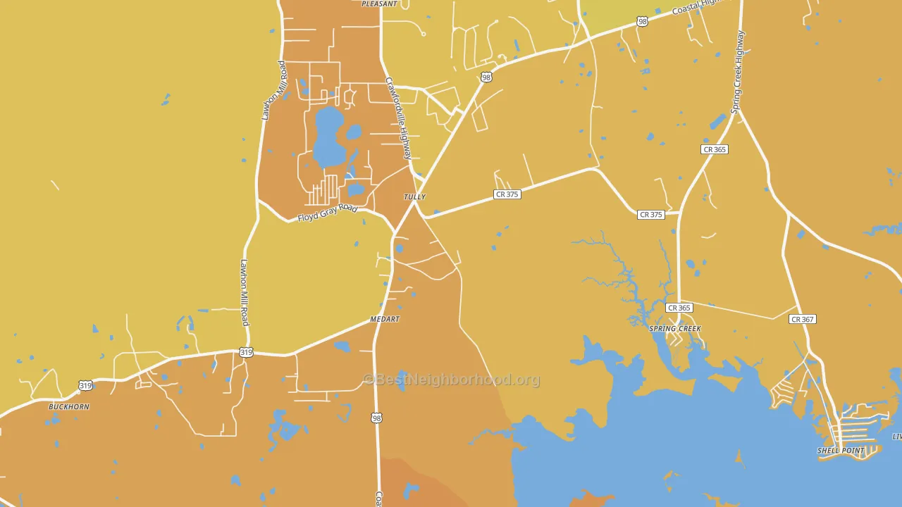 Map of the best neighborhoods in the Medart area, with better matches in green and worse matches in red