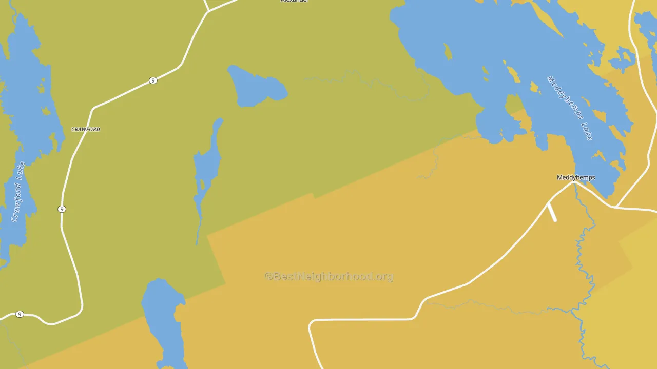 Map of the best neighborhoods in the Meddybemps area, with better matches in green and worse matches in red