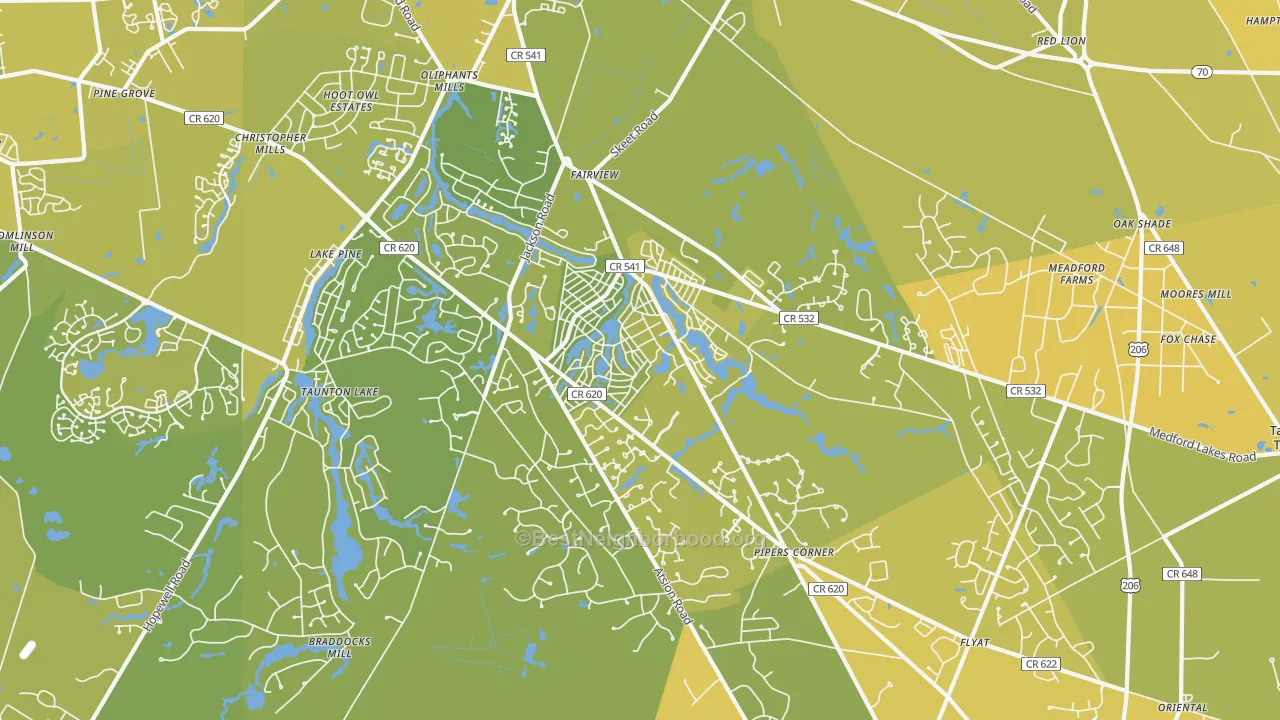 Map of the best neighborhoods in the Medford Lakes area, with better matches in green and worse matches in red
