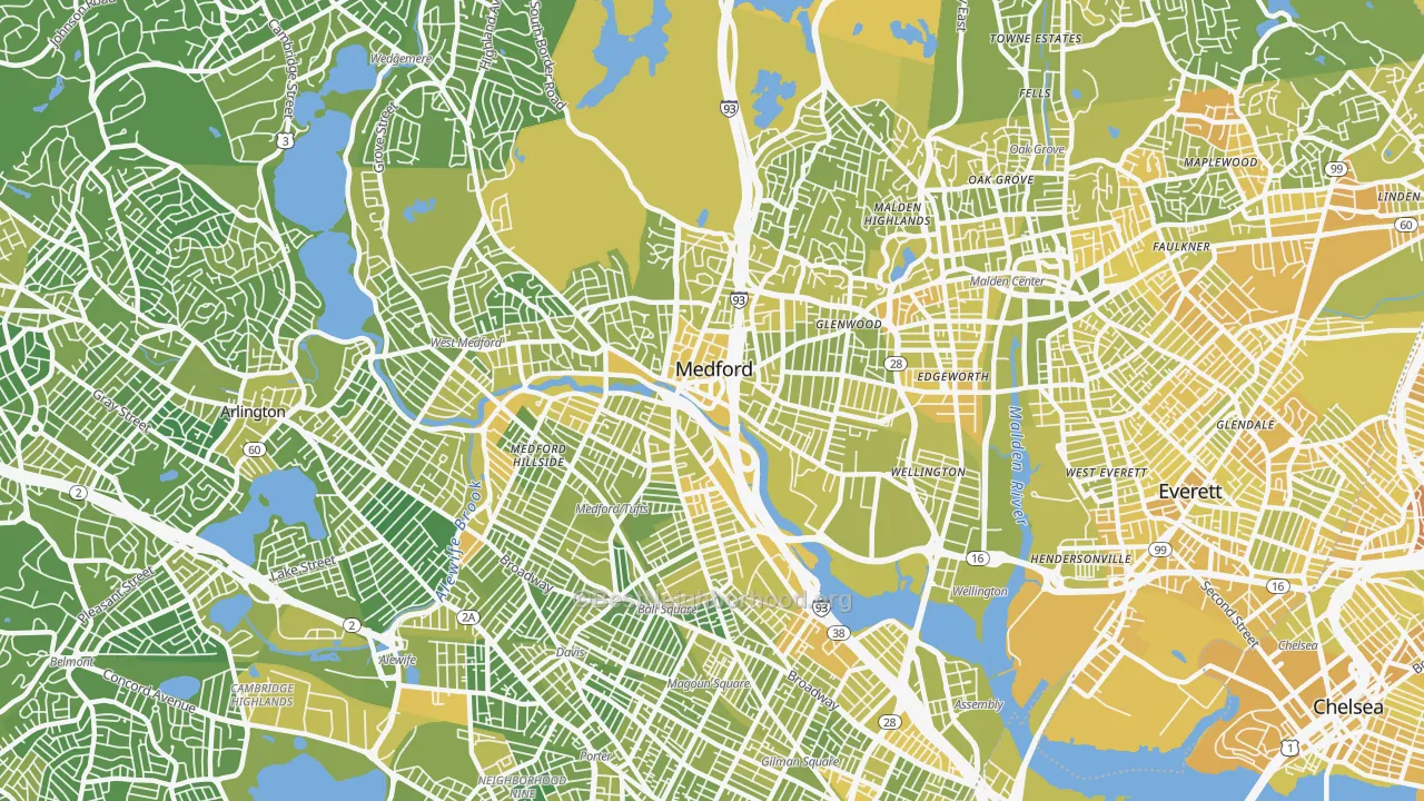 Map of the best neighborhoods in the Medford area, with better matches in green and worse matches in red