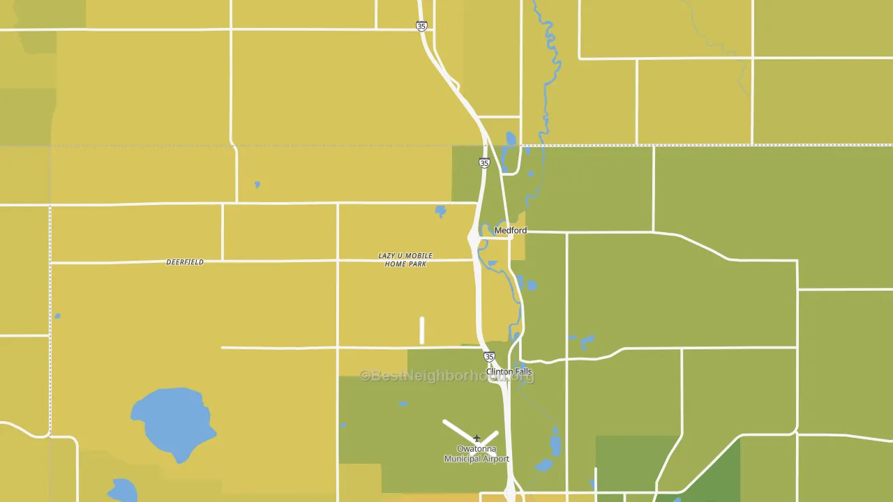 Map of the best neighborhoods in the Medford area, with better matches in green and worse matches in red