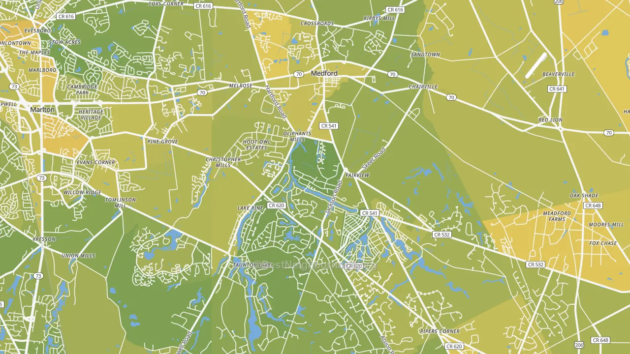 Map of the best neighborhoods in the Medford area, with better matches in green and worse matches in red