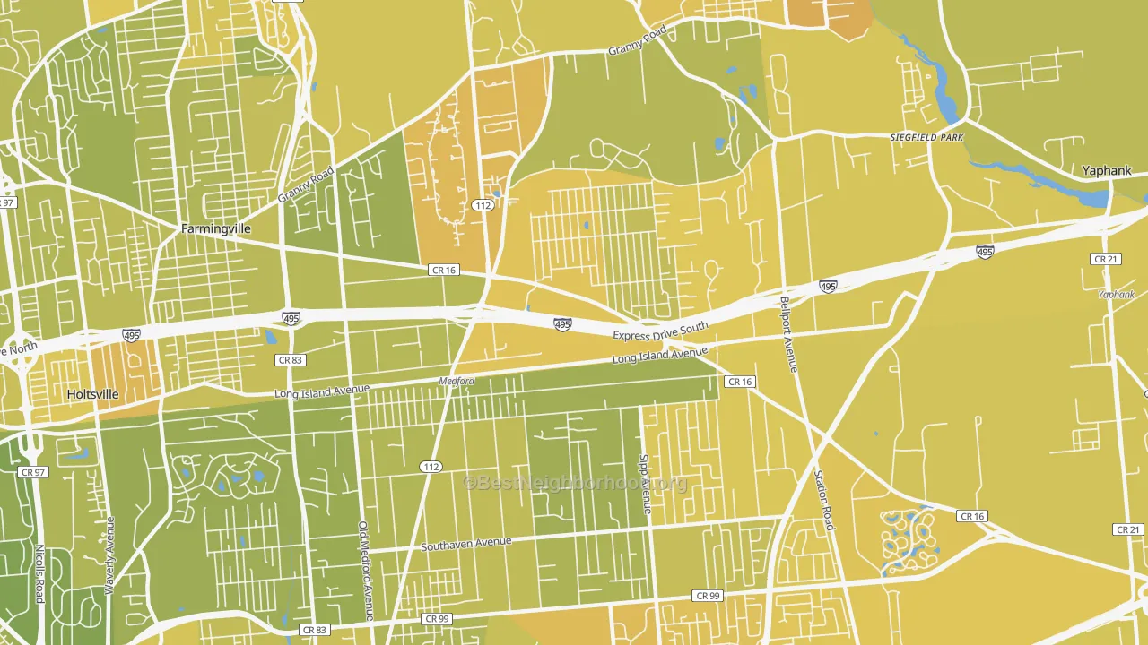 Map of the best neighborhoods in the Medford area, with better matches in green and worse matches in red