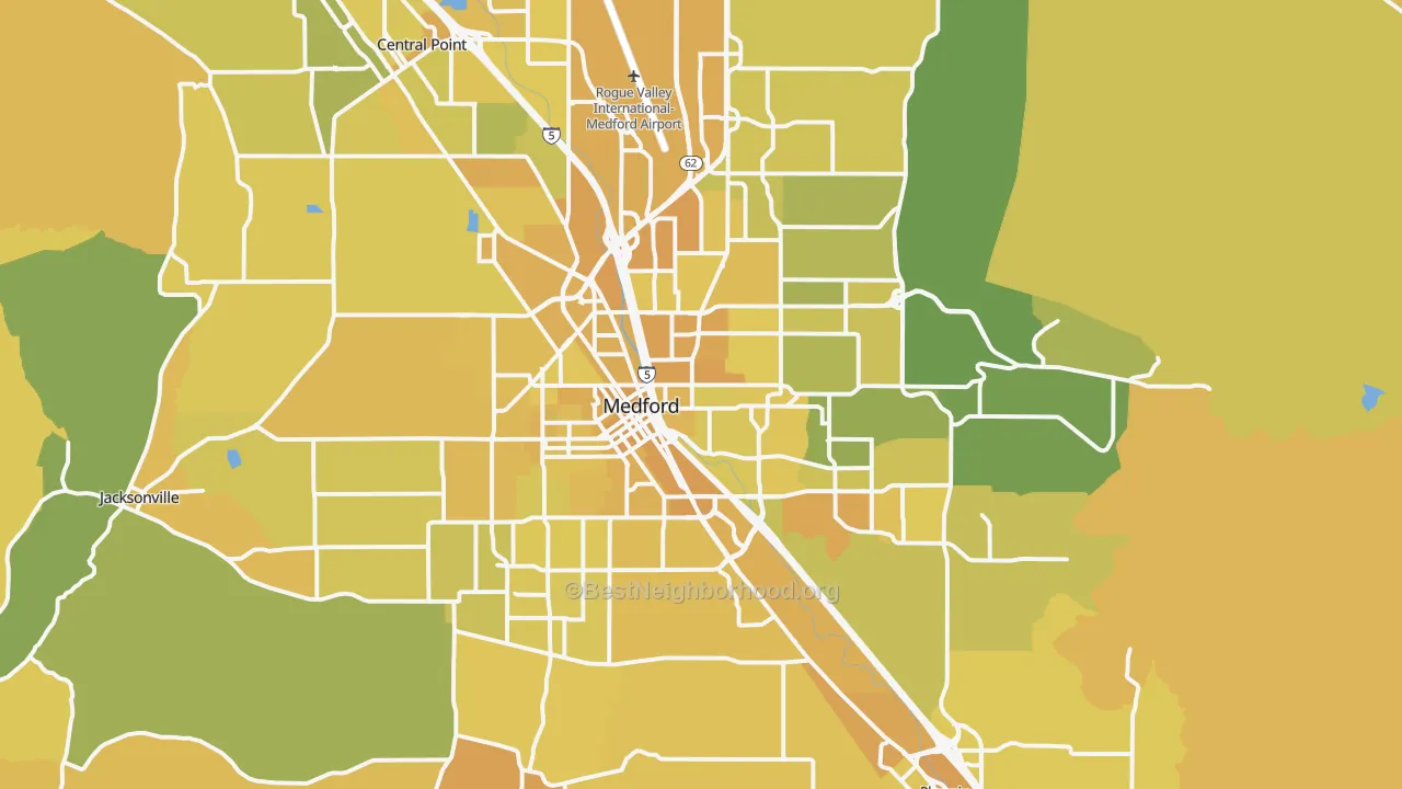 Map of the best neighborhoods in the Medford Metro area, with better matches in green and worse matches in red
