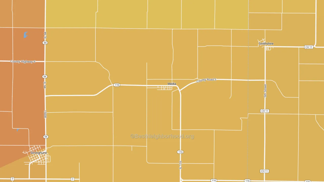 Map of the best neighborhoods in the Media area, with better matches in green and worse matches in red