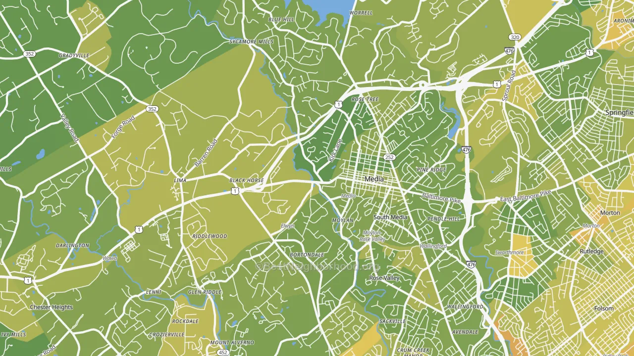 Map of the best neighborhoods in the Media area, with better matches in green and worse matches in red