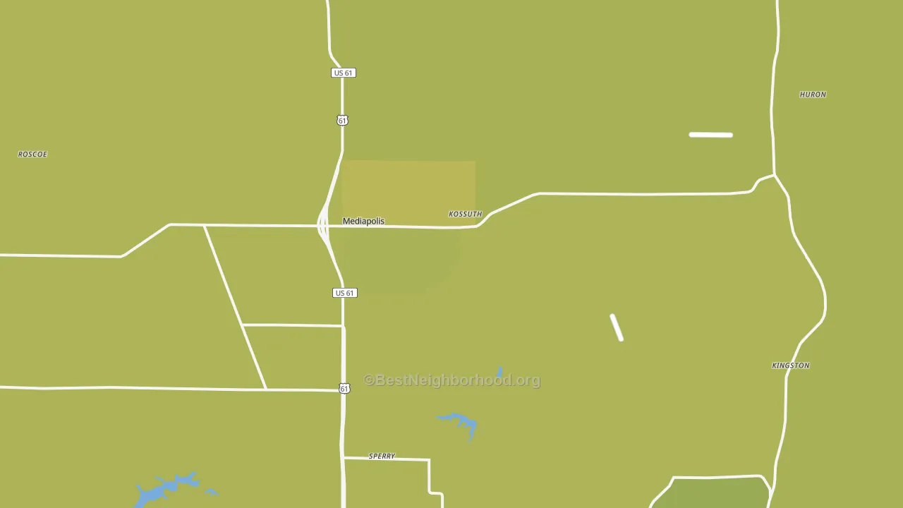 Map of the best neighborhoods in the Mediapolis area, with better matches in green and worse matches in red