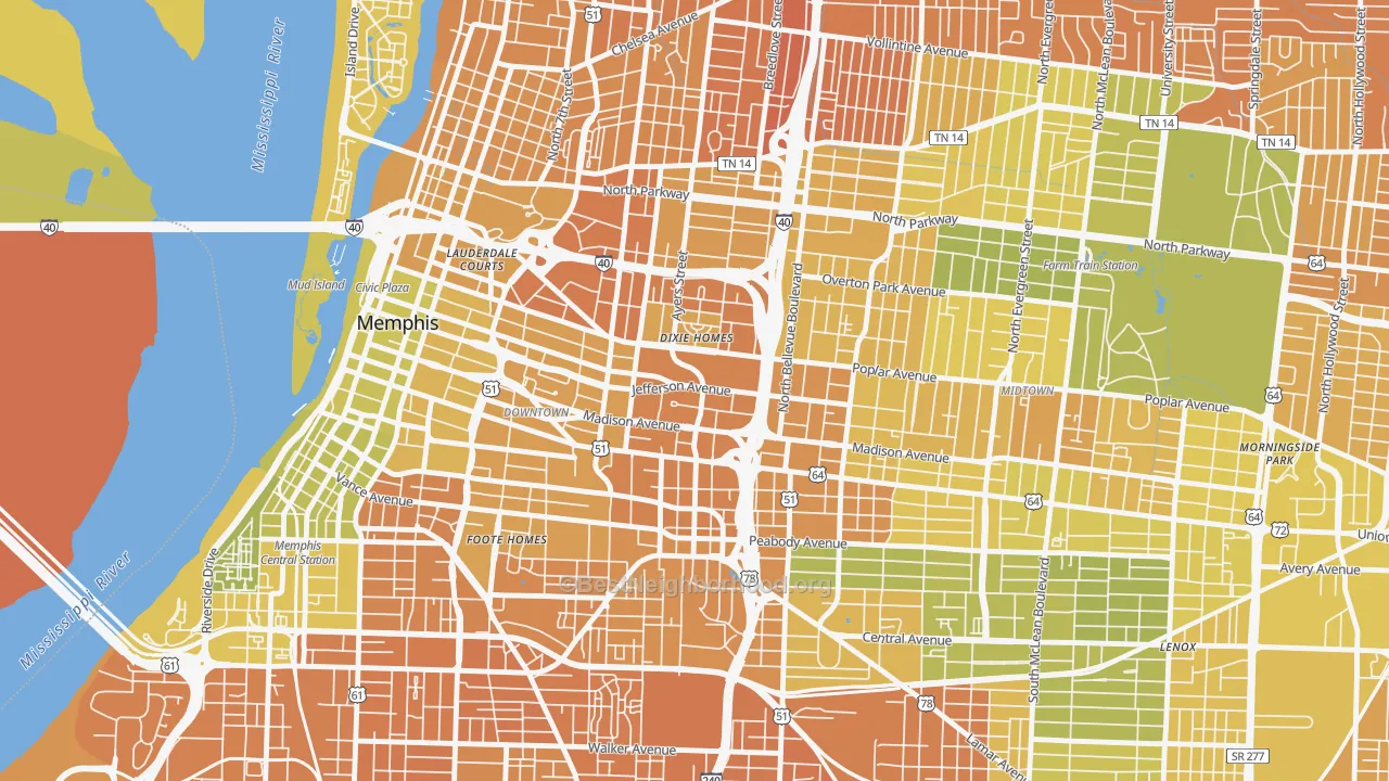 Map of the best neighborhoods in the Medical District, Memphis area, with better matches in green and worse matches in red